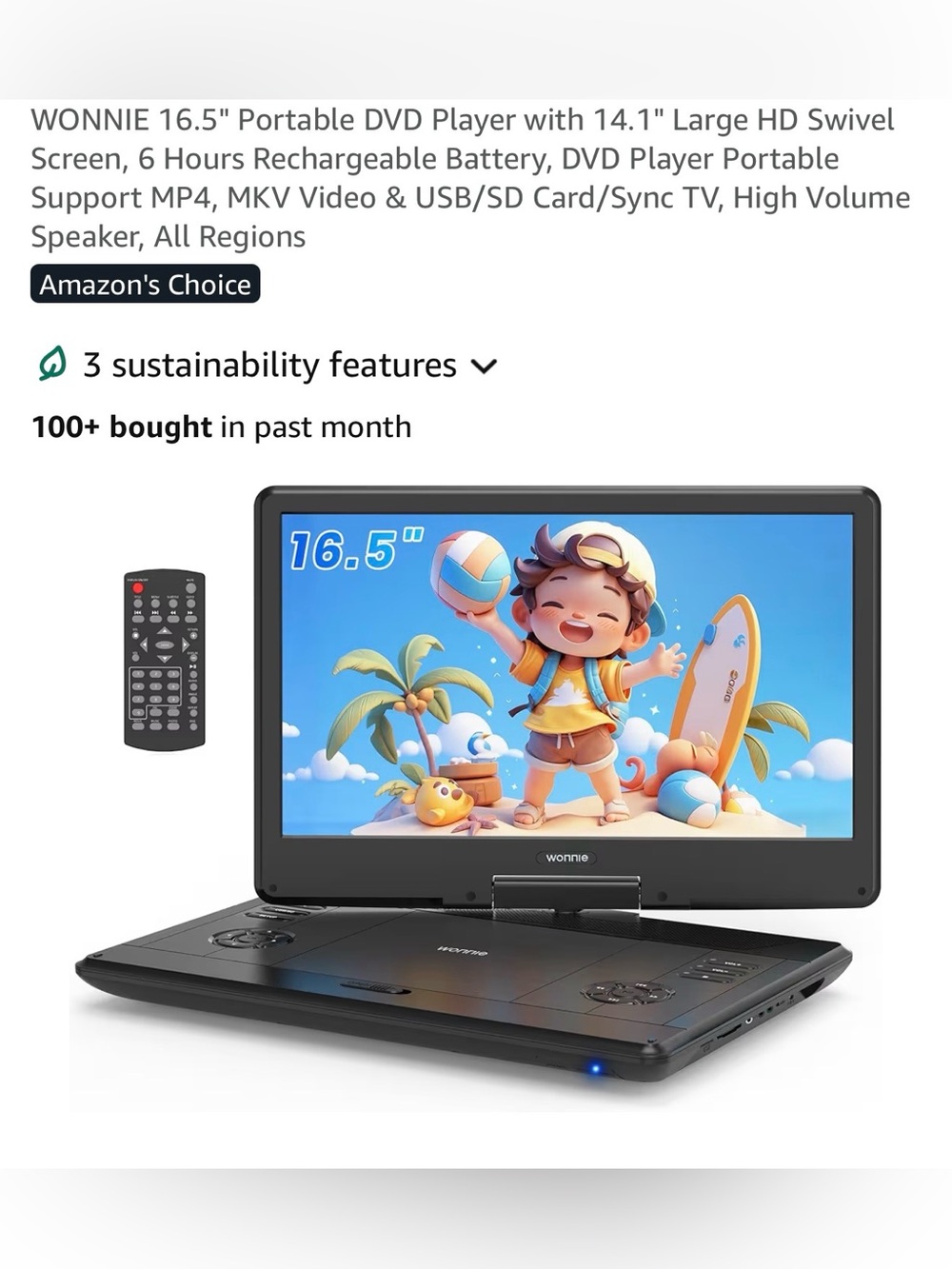 16.5" Portable DVD Player in Black - Swivel Screen, Rechargeable